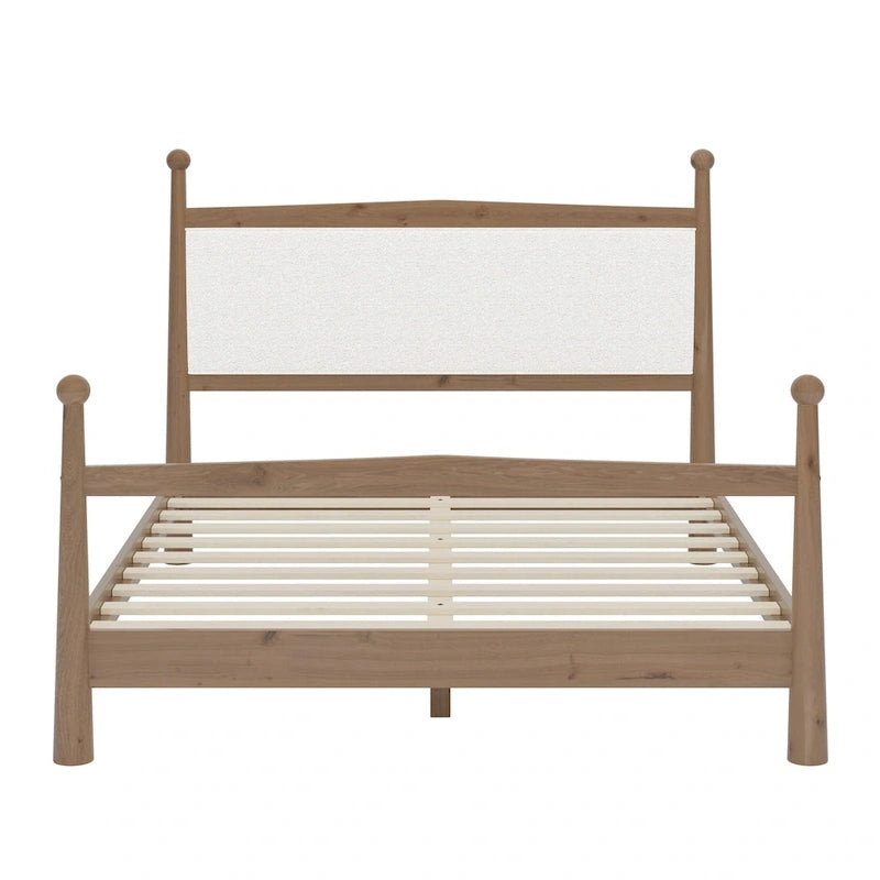 Lit plateforme moderne du milieu du siècle avec tête de lit capitonnée en bouclé – Pin massif, sans sommier tapissier (Queen/King)