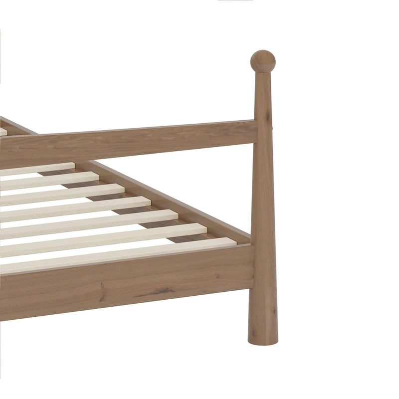 Lit plateforme moderne du milieu du siècle avec tête de lit capitonnée en bouclé – Pin massif, sans sommier tapissier (Queen/King)