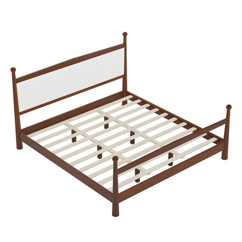 Lit plateforme moderne du milieu du siècle avec tête de lit capitonnée en bouclé – Pin massif, sans sommier tapissier (Queen/King)