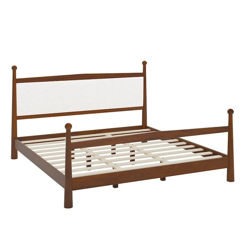 Lit plateforme moderne du milieu du siècle avec tête de lit capitonnée en bouclé – Pin massif, sans sommier tapissier (Queen/King)
