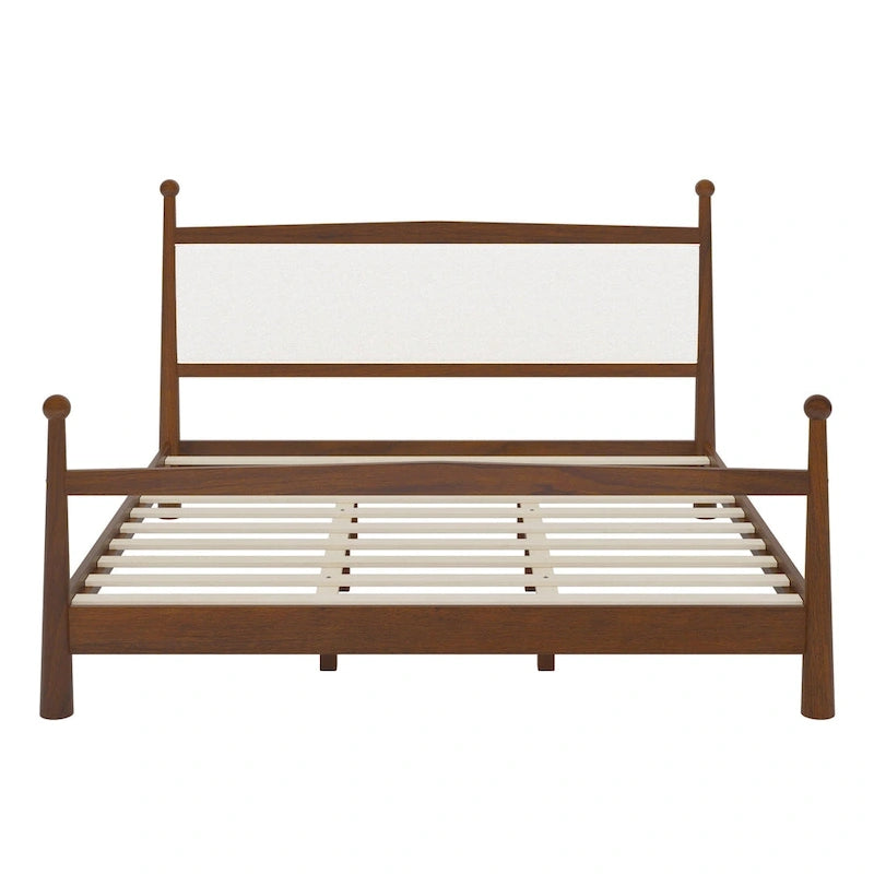 Lit plateforme moderne du milieu du siècle avec tête de lit capitonnée en bouclé – Pin massif, sans sommier tapissier (Queen/King)