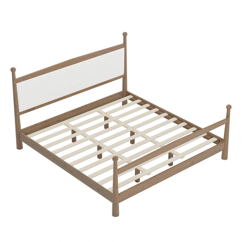 Lit plateforme moderne du milieu du siècle avec tête de lit capitonnée en bouclé – Pin massif, sans sommier tapissier (Queen/King)