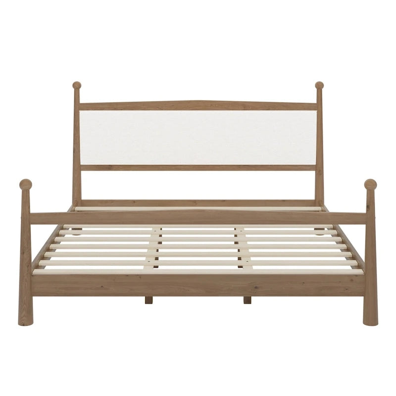 Lit plateforme moderne du milieu du siècle avec tête de lit capitonnée en bouclé – Pin massif, sans sommier tapissier (Queen/King)