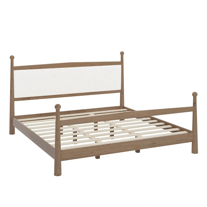 Lit plateforme moderne du milieu du siècle avec tête de lit capitonnée en bouclé – Pin massif, sans sommier tapissier (Queen/King)