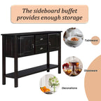 Table Console Buffet en Bois Massif avec 2 Tiroirs, Placards et Étagère Inférieure, Meuble de Rangement pour Salle à Manger