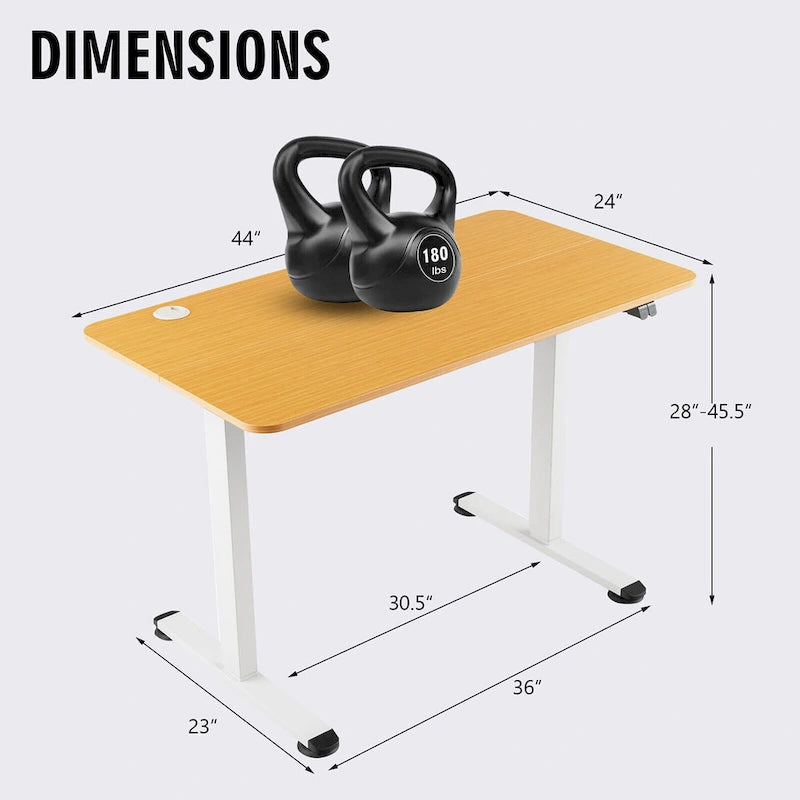 Electric Height-Adjustable Standing Desk – 44"x24" Surface, 28"-45.5" Range, 180 lb Capacity