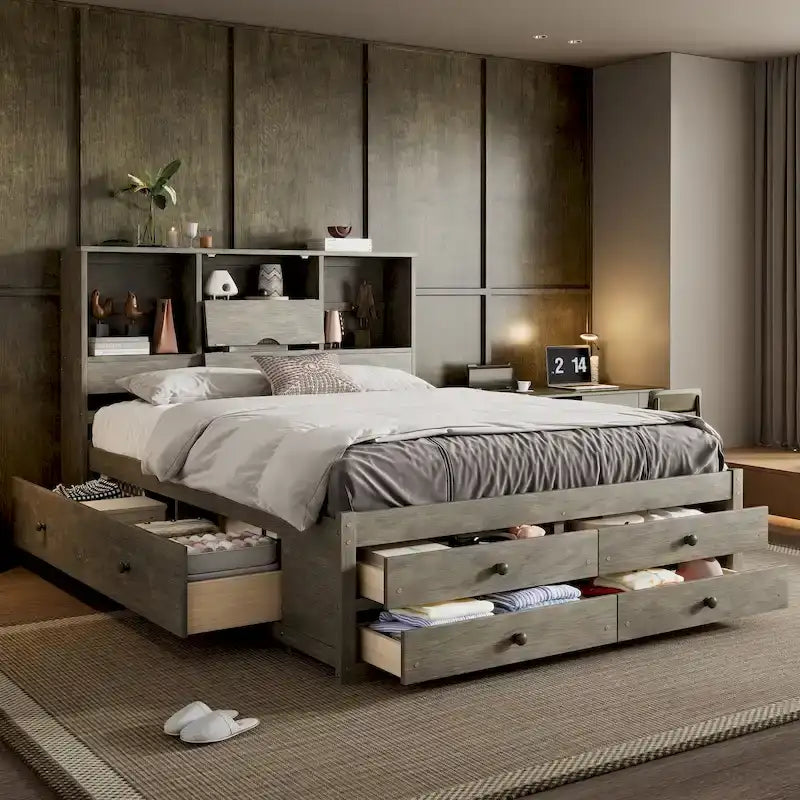 Lit plateforme en bois avec tête de lit de rangement et 8 tiroirs pour chambre à coucher