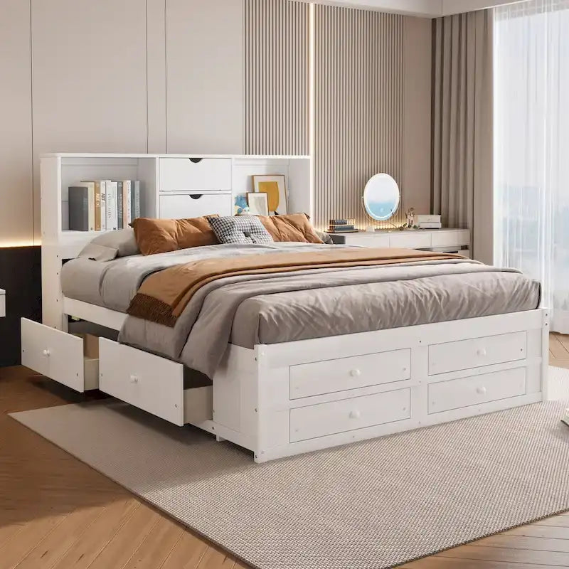 Lit plateforme en bois avec tête de lit de rangement et 8 tiroirs pour chambre à coucher