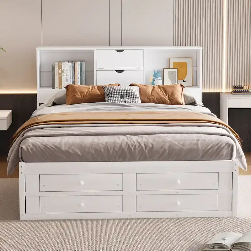 Lit plateforme en bois avec tête de lit de rangement et 8 tiroirs pour chambre à coucher