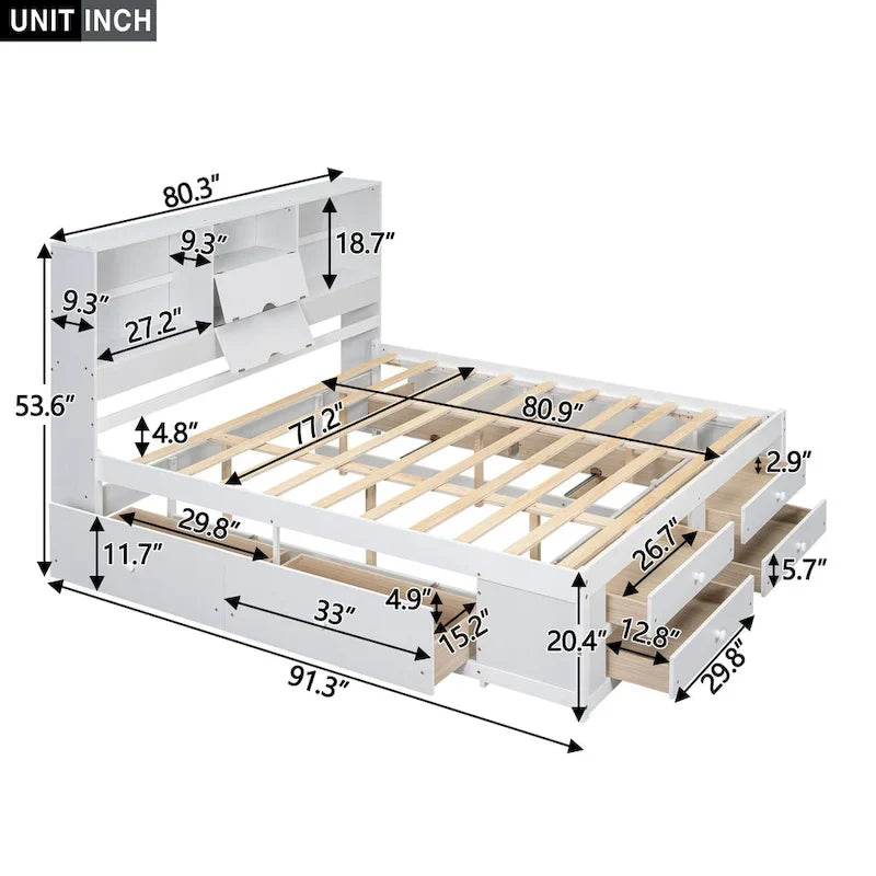 Lit plateforme en bois avec tête de lit de rangement et 8 tiroirs pour chambre à coucher