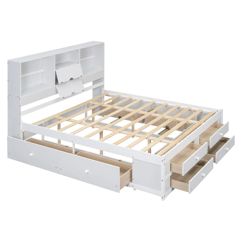 Lit plateforme en bois avec tête de lit de rangement et 8 tiroirs pour chambre à coucher