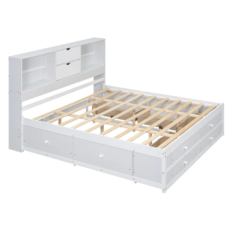 Lit plateforme en bois avec tête de lit de rangement et 8 tiroirs pour chambre à coucher