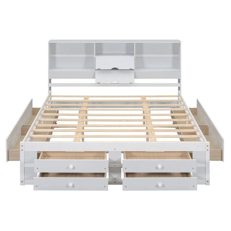 Lit plateforme en bois avec tête de lit de rangement et 8 tiroirs pour chambre à coucher