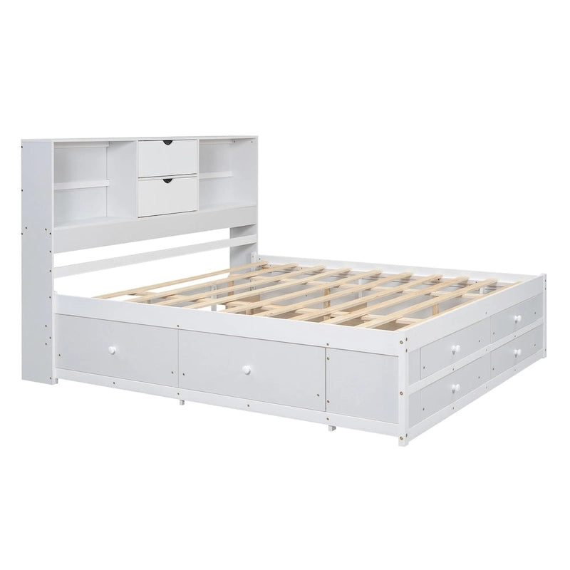 Lit plateforme en bois avec tête de lit de rangement et 8 tiroirs pour chambre à coucher