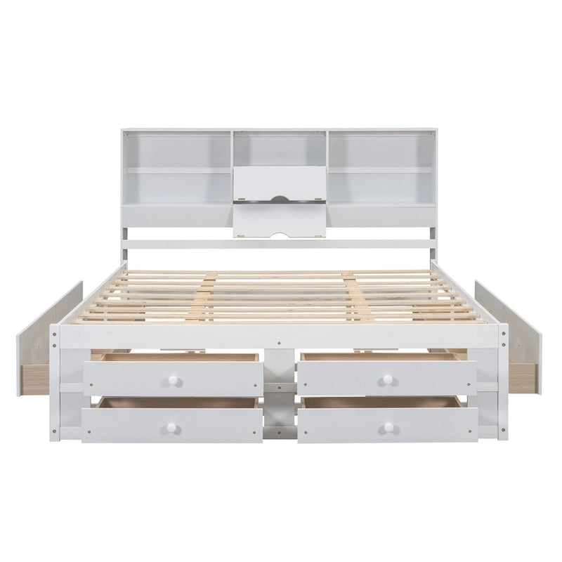 Lit plateforme en bois avec tête de lit de rangement et 8 tiroirs pour chambre à coucher