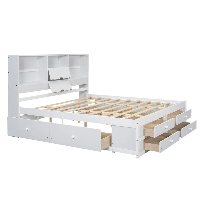 Lit plateforme en bois avec tête de lit de rangement et 8 tiroirs pour chambre à coucher