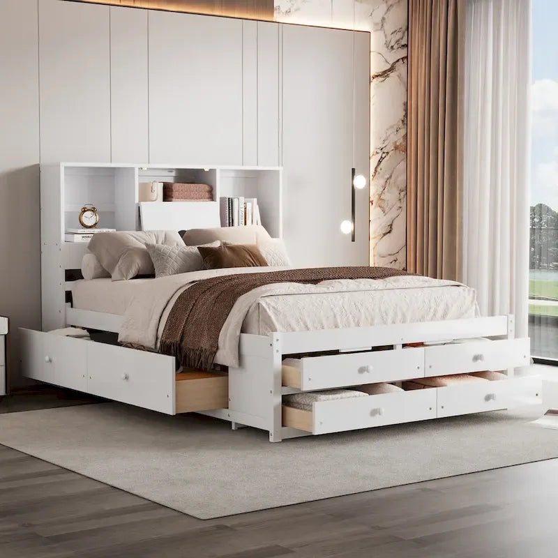Lit plateforme en bois avec tête de lit de rangement et 8 tiroirs pour chambre à coucher