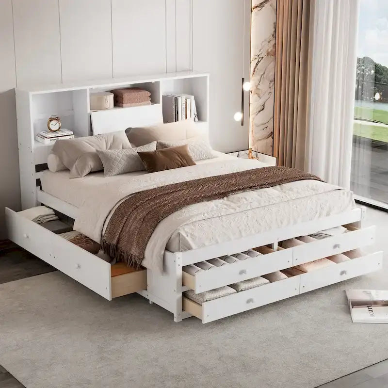 Lit plateforme en bois avec tête de lit de rangement et 8 tiroirs pour chambre à coucher