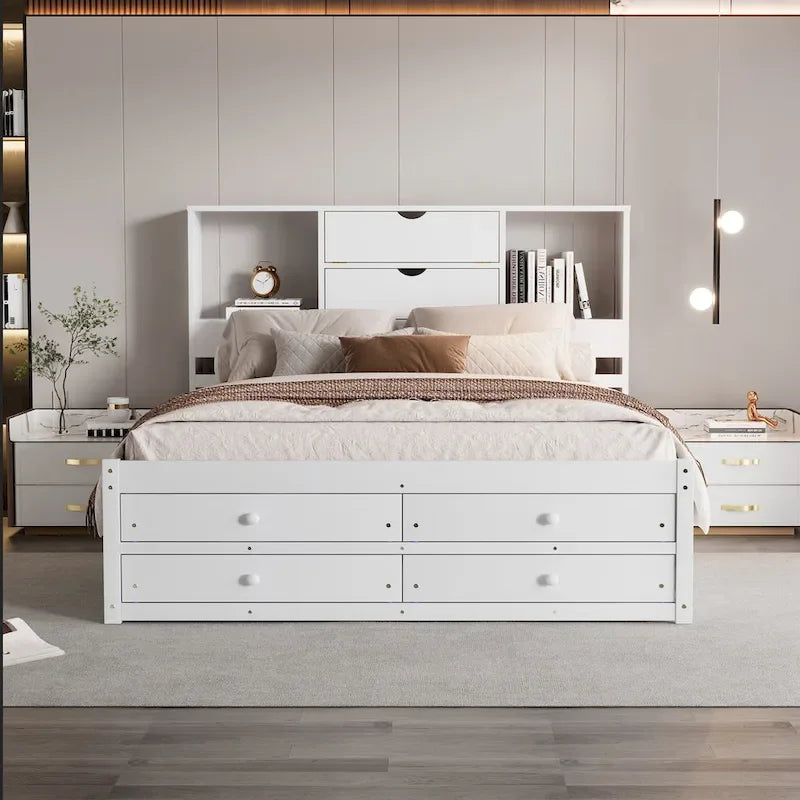 Lit plateforme en bois avec tête de lit de rangement et 8 tiroirs pour chambre à coucher