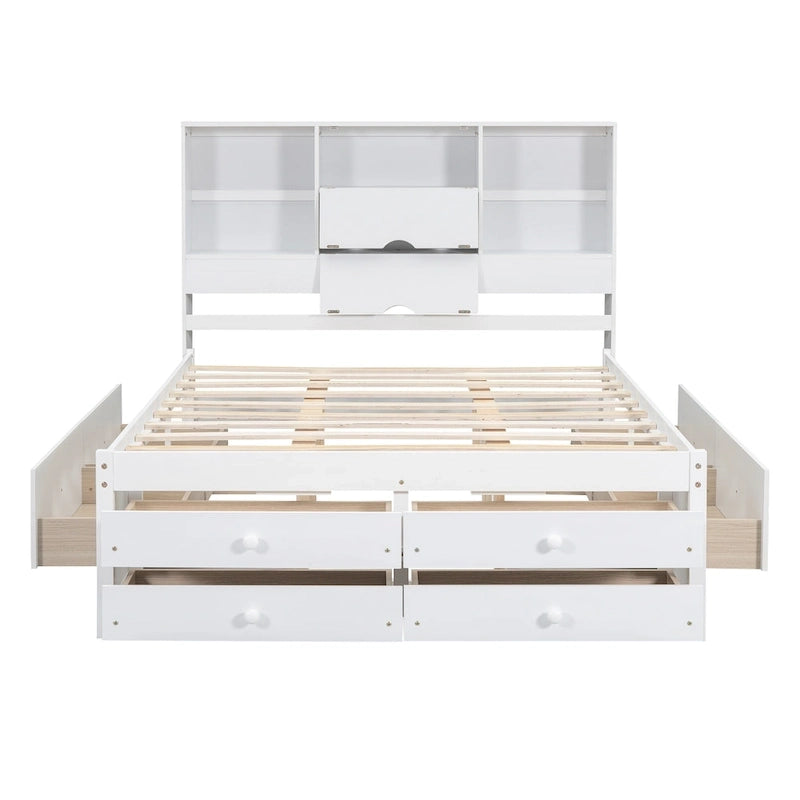 Lit plateforme en bois avec tête de lit de rangement et 8 tiroirs pour chambre à coucher