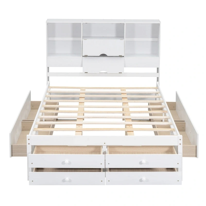 Lit plateforme en bois avec tête de lit de rangement et 8 tiroirs pour chambre à coucher
