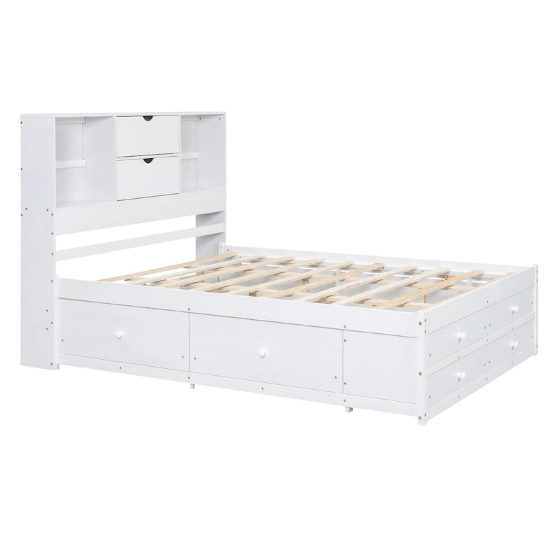 Lit plateforme en bois avec tête de lit de rangement et 8 tiroirs pour chambre à coucher