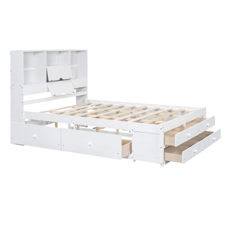 Lit plateforme en bois avec tête de lit de rangement et 8 tiroirs pour chambre à coucher