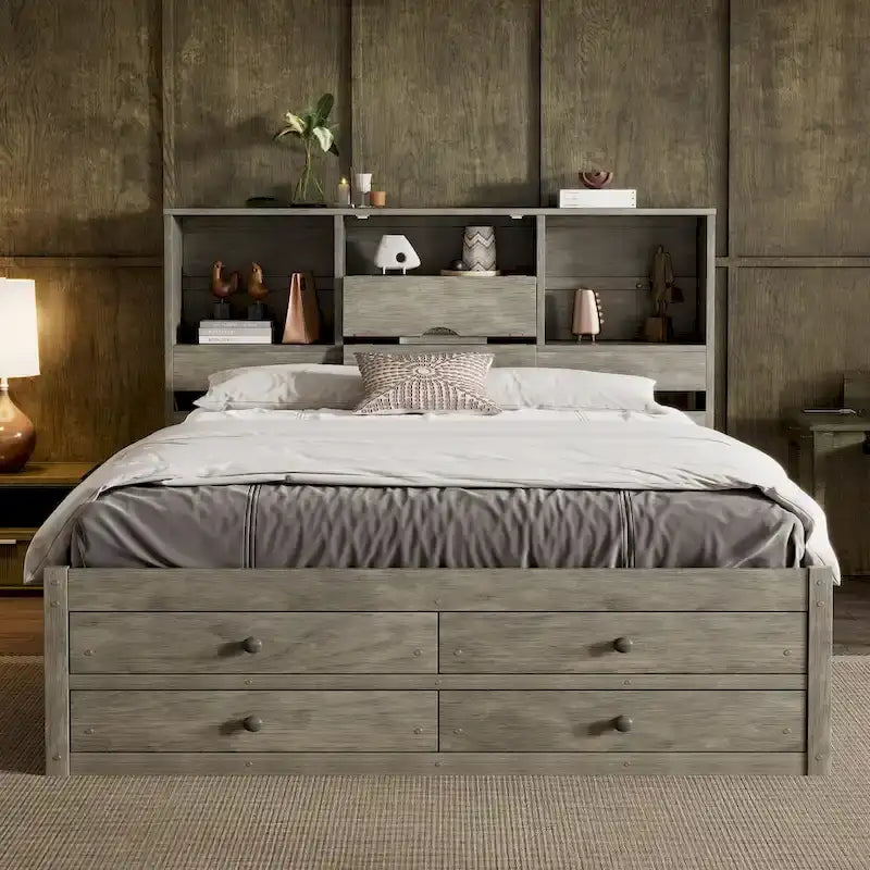 Lit plateforme en bois avec tête de lit de rangement et 8 tiroirs pour chambre à coucher