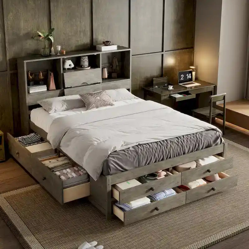 Lit plateforme en bois avec tête de lit de rangement et 8 tiroirs pour chambre à coucher