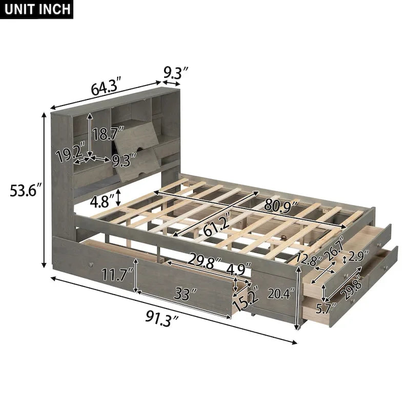 Lit plateforme en bois avec tête de lit de rangement et 8 tiroirs pour chambre à coucher