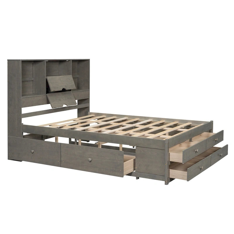 Lit plateforme en bois avec tête de lit de rangement et 8 tiroirs pour chambre à coucher