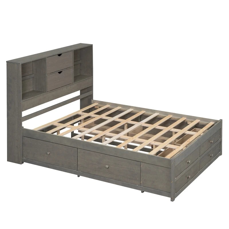 Lit plateforme en bois avec tête de lit de rangement et 8 tiroirs pour chambre à coucher