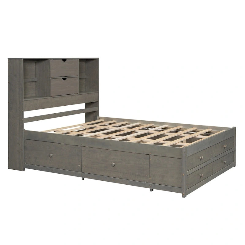 Lit plateforme en bois avec tête de lit de rangement et 8 tiroirs pour chambre à coucher
