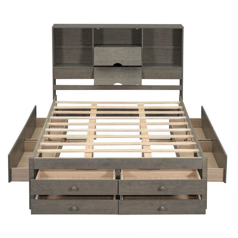 Lit plateforme en bois avec tête de lit de rangement et 8 tiroirs pour chambre à coucher