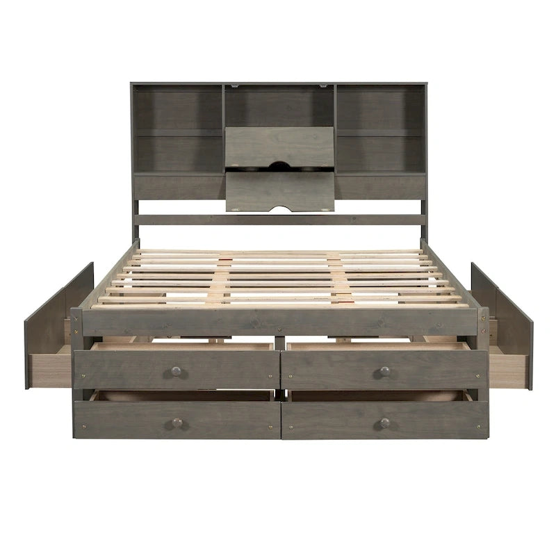 Lit plateforme en bois avec tête de lit de rangement et 8 tiroirs pour chambre à coucher