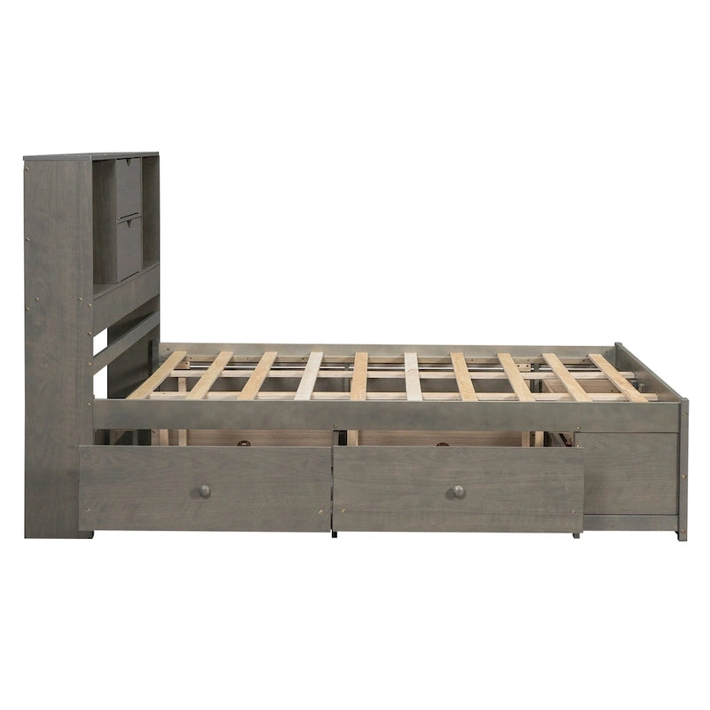Lit plateforme en bois avec tête de lit de rangement et 8 tiroirs pour chambre à coucher