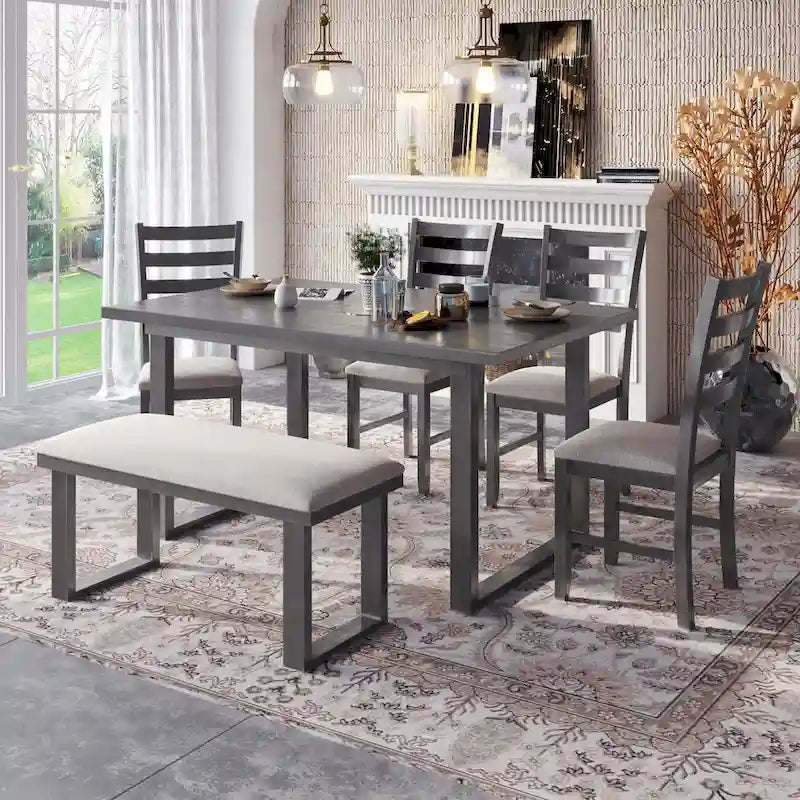 Gray Rustic 6-Piece Wooden Dining Table Set with Rectangular Table & 4 Chairs