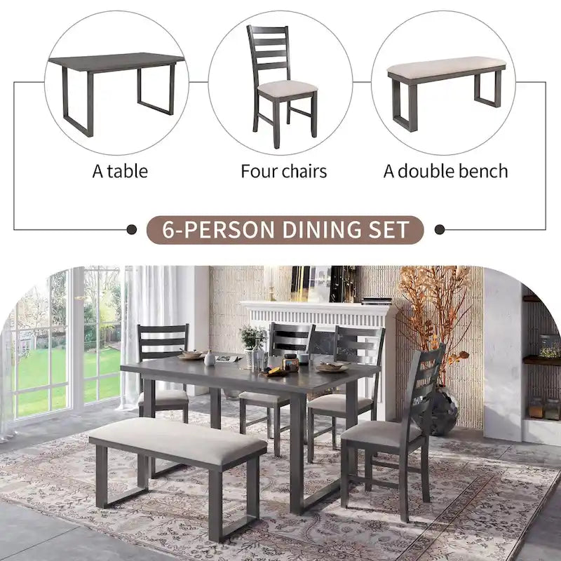 Ensemble de salle à manger rustique gris 6 pièces avec table rectangulaire et 4 chaises