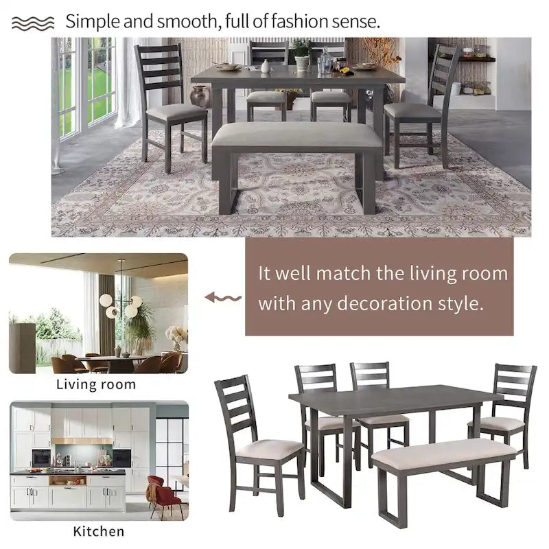 Ensemble de salle à manger rustique gris 6 pièces avec table rectangulaire et 4 chaises