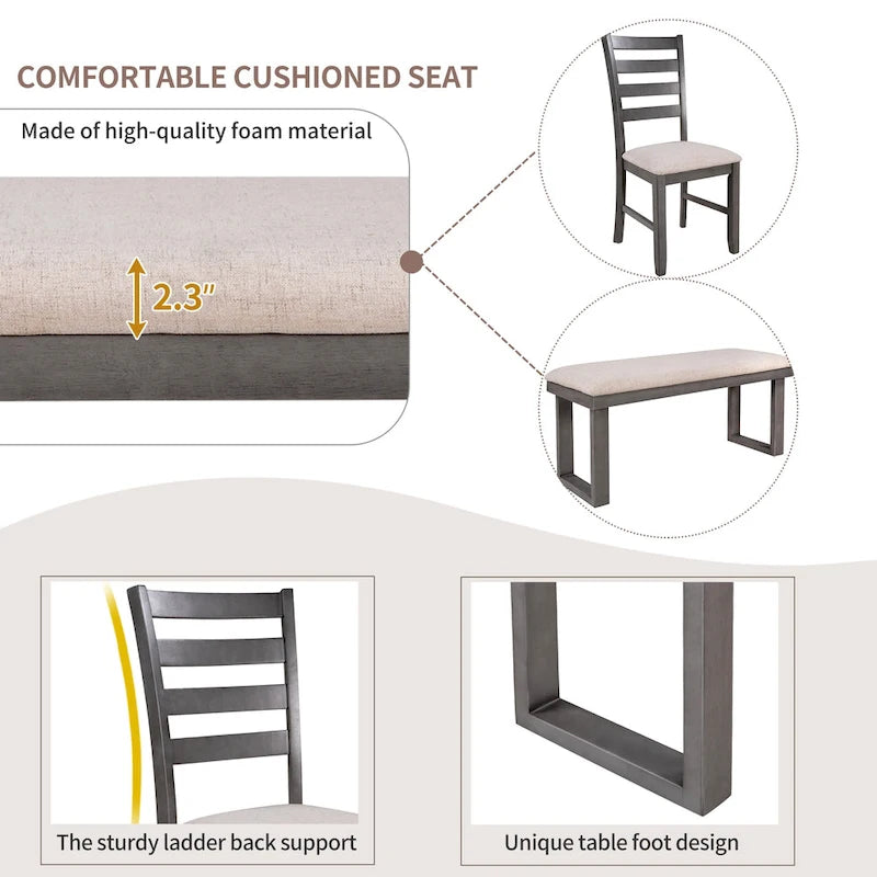 Ensemble de salle à manger rustique gris 6 pièces avec table rectangulaire et 4 chaises