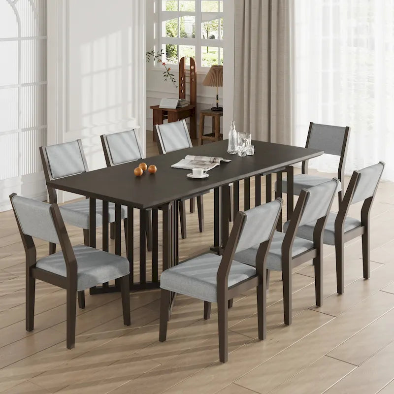 Ensemble de salle à manger de style ferme en bois extensible de 9 pièces avec 2 rallonges amovibles et 8 chaises rembourrées