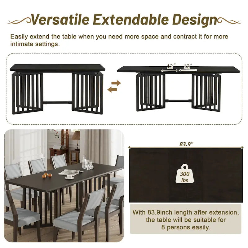 Ensemble de salle à manger de style ferme en bois extensible de 9 pièces avec 2 rallonges amovibles et 8 chaises rembourrées
