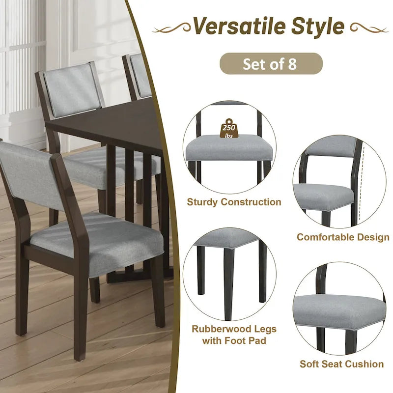 Ensemble de salle à manger de style ferme en bois extensible de 9 pièces avec 2 rallonges amovibles et 8 chaises rembourrées