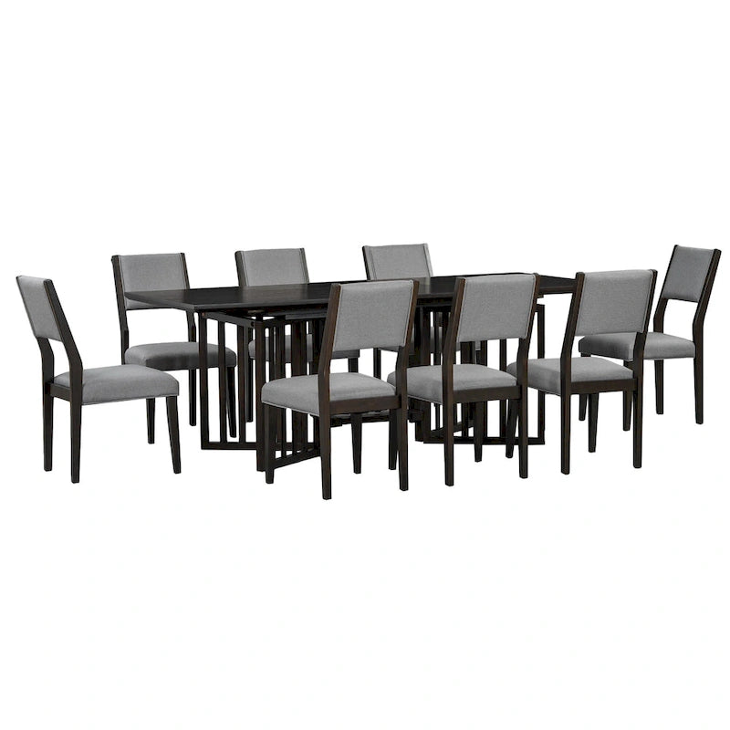 Ensemble de salle à manger de style ferme en bois extensible de 9 pièces avec 2 rallonges amovibles et 8 chaises rembourrées