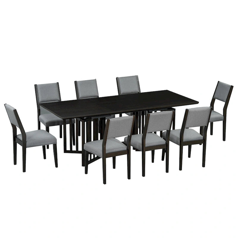 Ensemble de salle à manger de style ferme en bois extensible de 9 pièces avec 2 rallonges amovibles et 8 chaises rembourrées