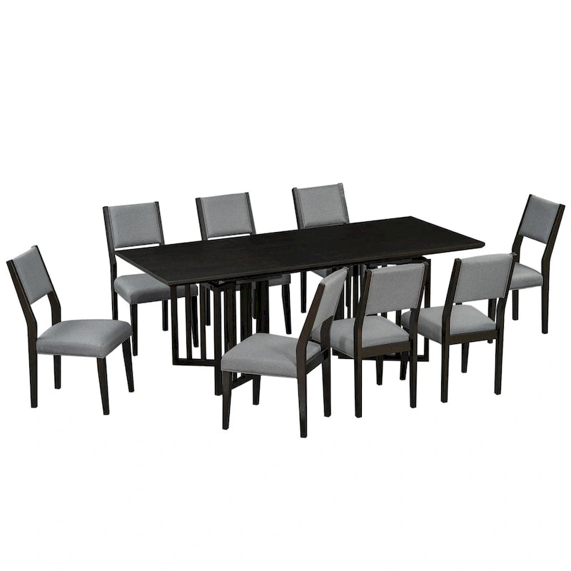 Ensemble de salle à manger de style ferme en bois extensible de 9 pièces avec 2 rallonges amovibles et 8 chaises rembourrées