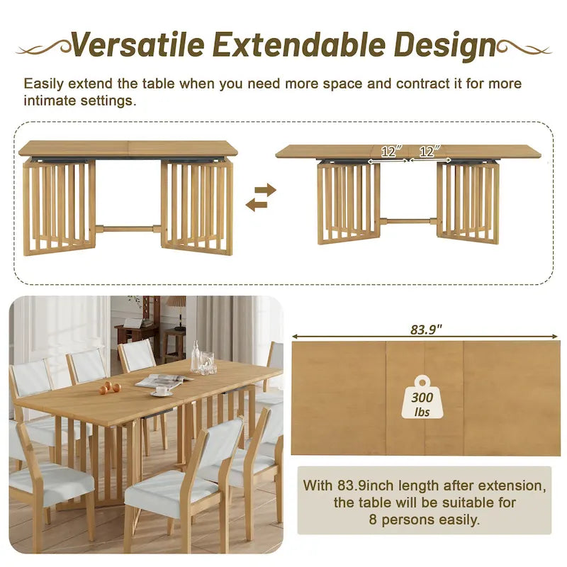 Ensemble de salle à manger de style ferme en bois extensible de 9 pièces avec 2 rallonges amovibles et 8 chaises rembourrées