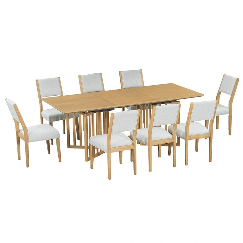 Ensemble de salle à manger de style ferme en bois extensible de 9 pièces avec 2 rallonges amovibles et 8 chaises rembourrées