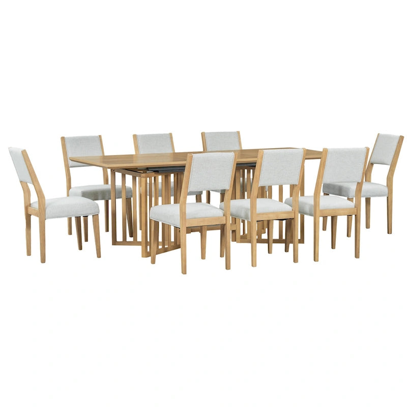 Ensemble de salle à manger de style ferme en bois extensible de 9 pièces avec 2 rallonges amovibles et 8 chaises rembourrées