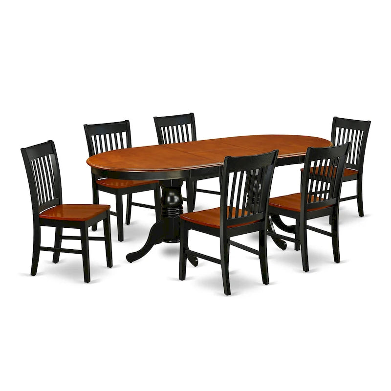 Ensemble de salle à manger ovale en bois dur avec rallonge papillon et chaises en bois – Noir et cerisier (5, 7 ou 9 pièces)